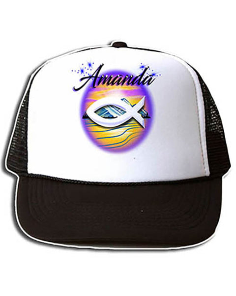 E001 Personalized Airbrush Jesus Fish Landscape Snapback Trucker Hat