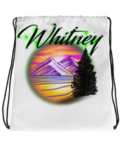 E003 Digitally Airbrush Painted Personalized Custom Mountain Water Scene Drawstring Backpack Colorful Landscape party Couples Theme gift present