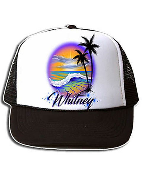 E004 Personalized Airbrush Beach Scene Snapback Trucker Hat