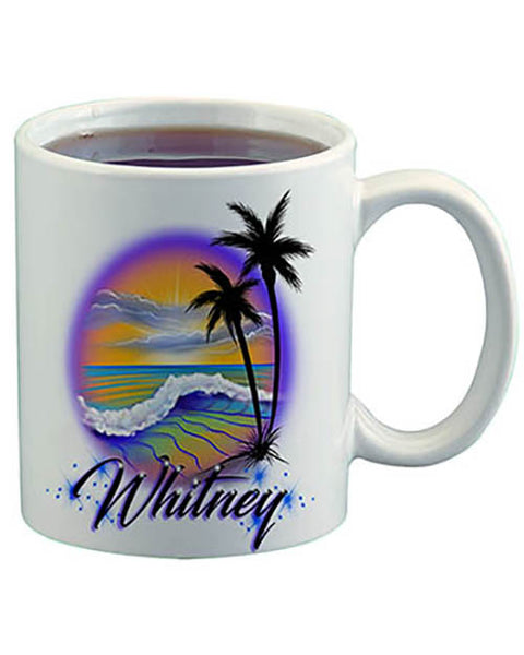 E004 Personalized Airbrush Beach Scene Ceramic Coffee Mug