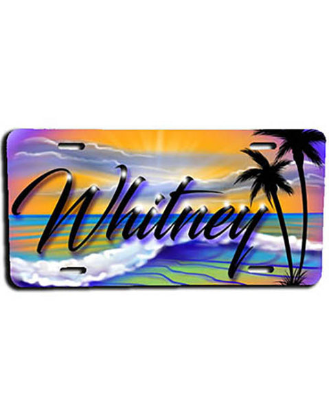 E004 Personalized Airbrush Beach Scene License Plate Tag