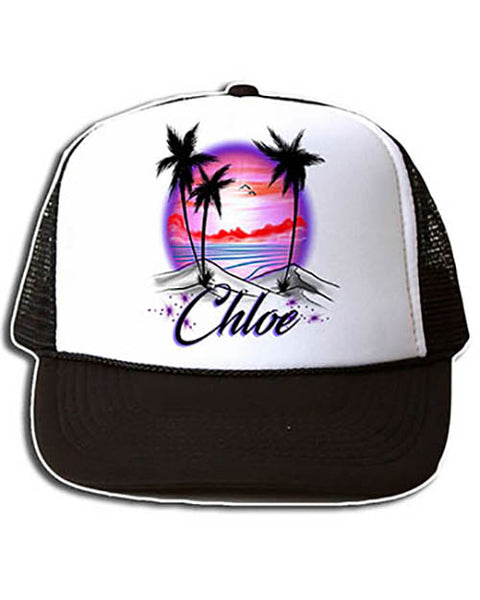 E009 Personalized Airbrush Sunset Beach Landscape Snapback Trucker Hat