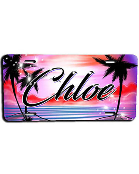 E009 Personalized Airbrush Sunset Beach Landscape License Plate Tag