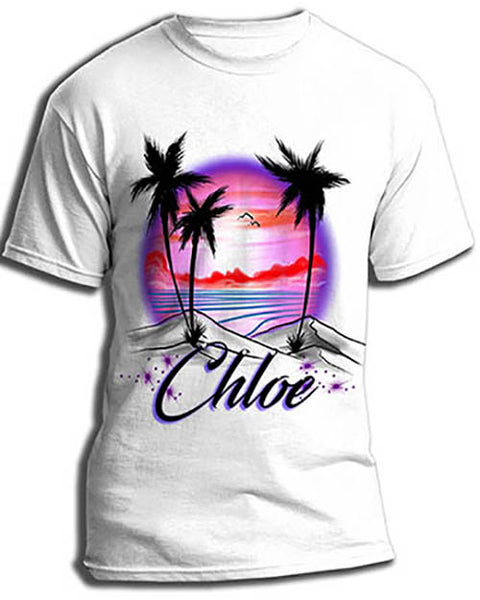 E009 custom personalized airbrush Sunset Beach Water Scene Tee Shirt Palm tree
