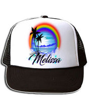 E012 Personalized Airbrush Rainbow Beach Landscape Snapback Trucker Hat
