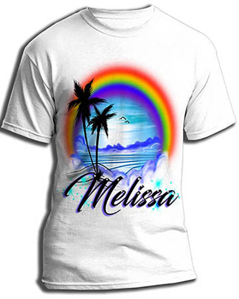 E012 custom personalized airbrush Rainbow Beach Water Scene Tee Shirt