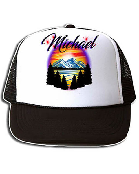 E013 Personalized Airbrush Mountain Landscape Snapback Trucker Hat