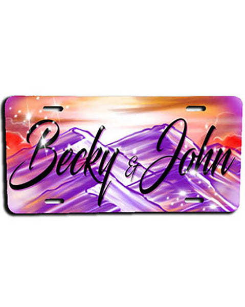 E014 Personalized Airbrush Sunset Mountain Landscape License Plate Tag