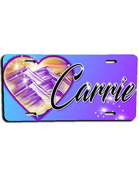 E016 Personalized Airbrush Heart Mountain Landscape License Plate Tag