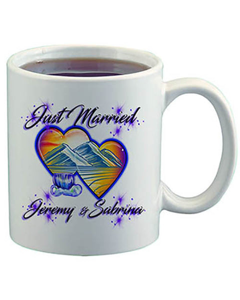 E017 Personalized Airbrush Hearts Mountain Landscape Ceramic Coffee Mug