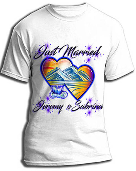 E017 custom personalized airbrush Hearts waterfall Mountain sunset Scene Tee Shirt