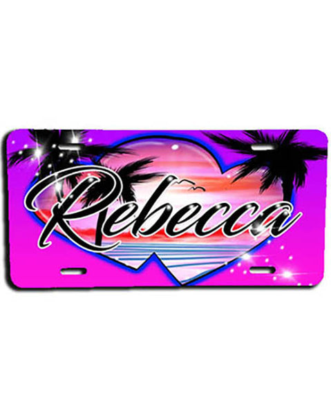 E018 Personalized Airbrush Heart Beach Landscape License Plate Tag