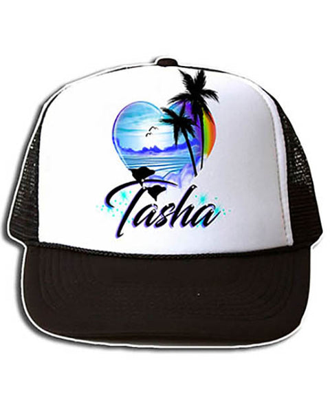 E024 Personalized Airbrush Dolphins Heart Landscape Snapback Trucker Hat