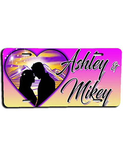 E027 Personalized Airbrush Couple Silhouette Heart Landscape License Plate Tag