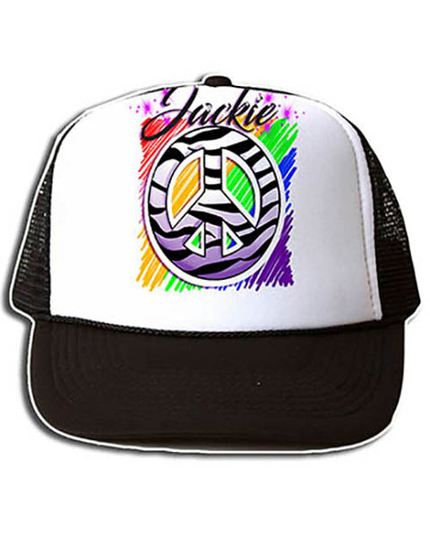 F026 Personalized Airbrushed Zebra Peace Sign Snapback Trucker Hat