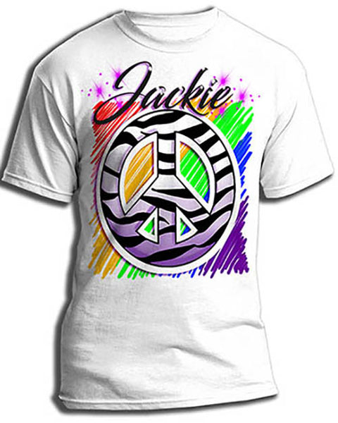 F026 Personalized Airbrushed Zebra Peace Sign Tee Shirt