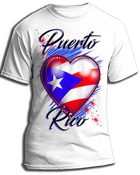F034 Personalized Airbrushed Puerto Rico Flag Heart Tee Shirt