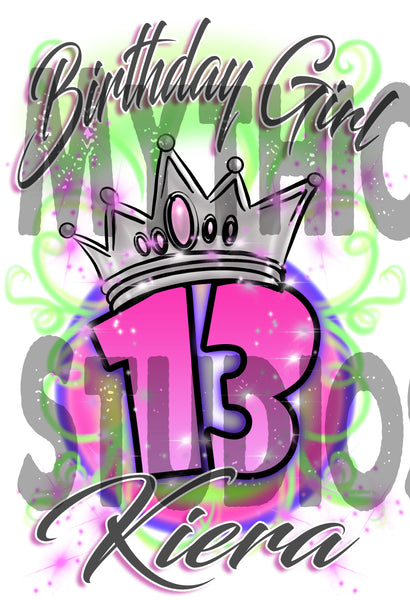 F037 Personalized Airbrushed Birthday Crown Girl Kids and Adult Tee Shirt