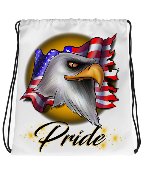 I003 Digitally Airbrush Painted Personalized Custom bald eagle American flag pride Drawstring Backpack