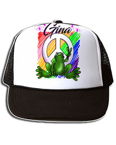 I009 Personalized Airbrush Peace Frog Snapback Trucker Hat
