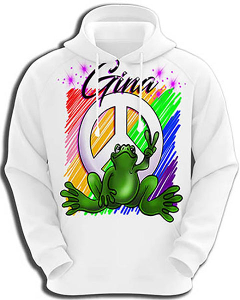 I009 Personalized Airbrush Peace Frog Hoodie Sweatshirt