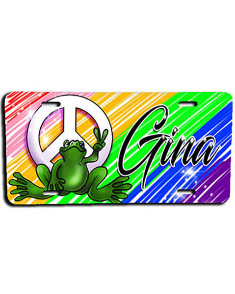 I009 Personalized Airbrush Peace Frog License Plate Tag