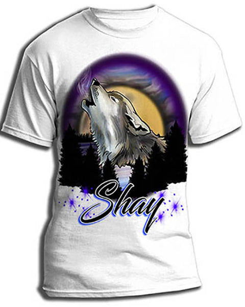 I011 Personalized Airbrush Howling Wolf Tee Shirt