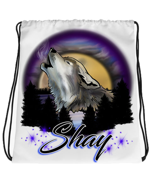 I011 Digitally Airbrush Painted Personalized Custom howling wolf  Drawstring Backpack