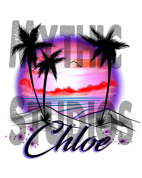 E009 custom personalized airbrush Sunset Beach Water Scene Tee Shirt Palm tree
