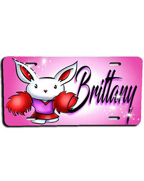 G009 Personalized Airbrush Cheer Bunny Pom Pom License Plate Tag