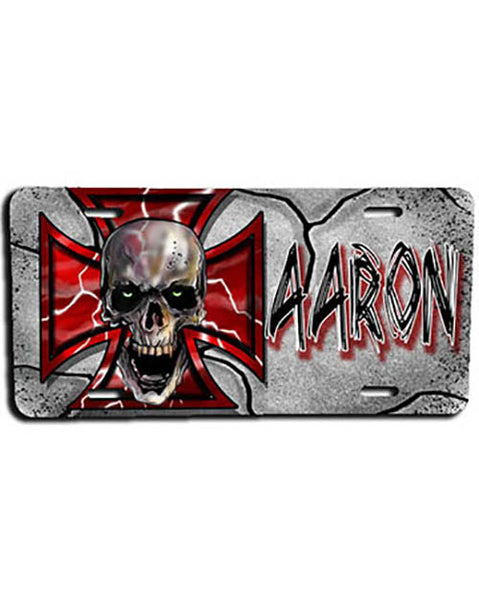 H007 Personalized Airbrushed Wicked Skull Maltese Cross License Plate Tag