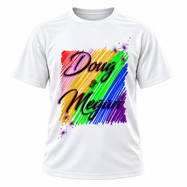 Personalized Rainbow Name T-Shirt, front-view T-shirt mockup featuring custom Air-Volution artwork by Mythic Airbrush