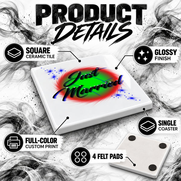 A002 Colorful Name Art ceramic coaster by Mythic Airbrush, original Air-Volution design — product image 3