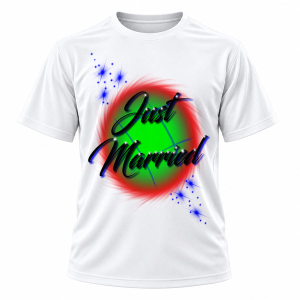 Personalized Colorful Name Art T-Shirt, front-view T-shirt mockup featuring custom Air-Volution artwork by Mythic Airbrush