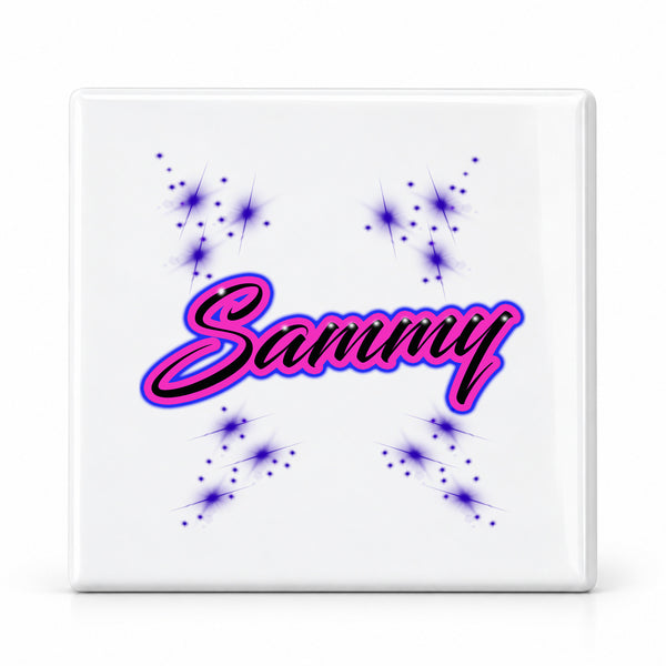 A005 Name Artwork ceramic coaster by Mythic Airbrush, original Air-Volution design — main image