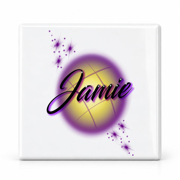 A006 Name Lettering ceramic coaster by Mythic Airbrush, original Air-Volution design — main image