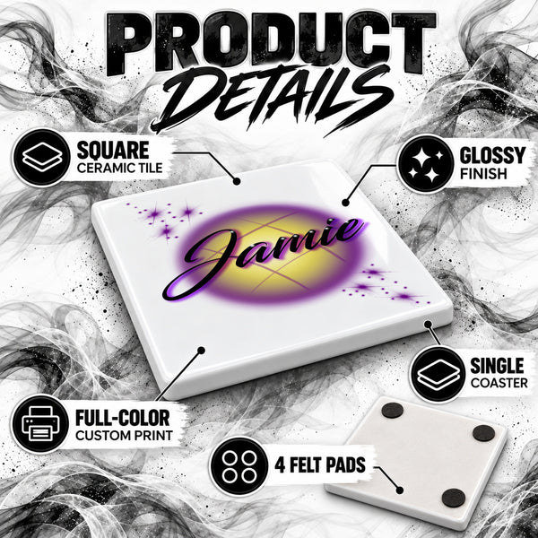 A006 Name Lettering ceramic coaster by Mythic Airbrush, original Air-Volution design — product image 3