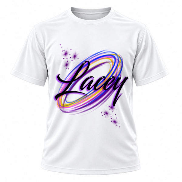 Personalized Color Name Design T-Shirt, front-view T-shirt mockup featuring custom Air-Volution artwork by Mythic Airbrush