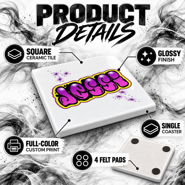 A009 Name Print ceramic coaster by Mythic Airbrush, original Air-Volution design — product image 3