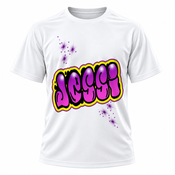 Personalized Name Print T-Shirt, front-view T-shirt mockup featuring custom Air-Volution artwork by Mythic Airbrush