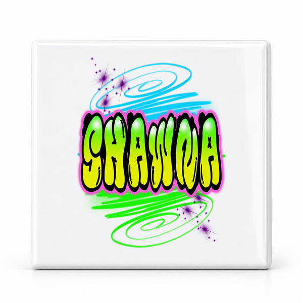 A010 Name Writing Art ceramic coaster by Mythic Airbrush, original Air-Volution design — main image