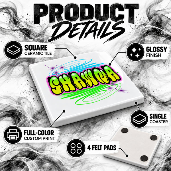 A010 Name Writing Art ceramic coaster by Mythic Airbrush, original Air-Volution design — product image 3