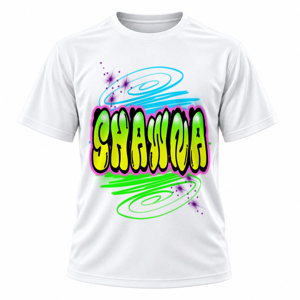 Personalized Name Writing Art T-Shirt, front-view T-shirt mockup featuring custom Air-Volution artwork by Mythic Airbrush