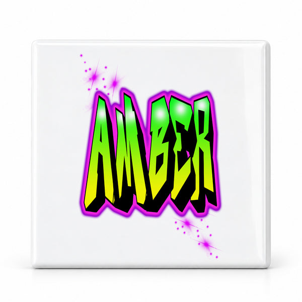 A011 Name Artwork ceramic coaster by Mythic Airbrush, original Air-Volution design — main image