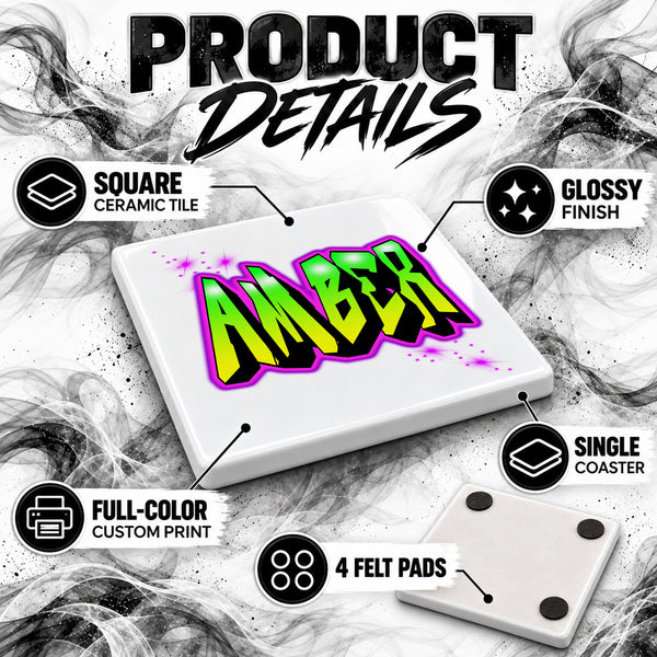 A011 Name Artwork ceramic coaster by Mythic Airbrush, original Air-Volution design — product image 3