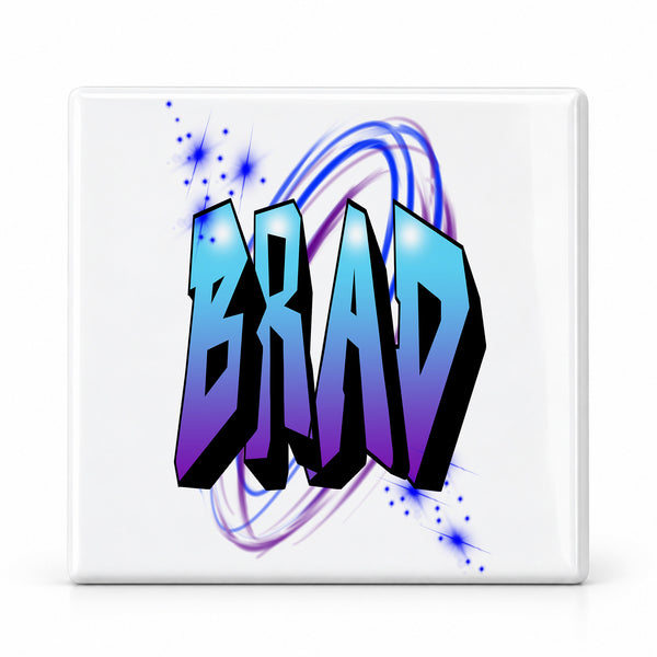 A012 Graffiti Block Letter Name ceramic coaster by Mythic Airbrush, original Air-Volution design — main image