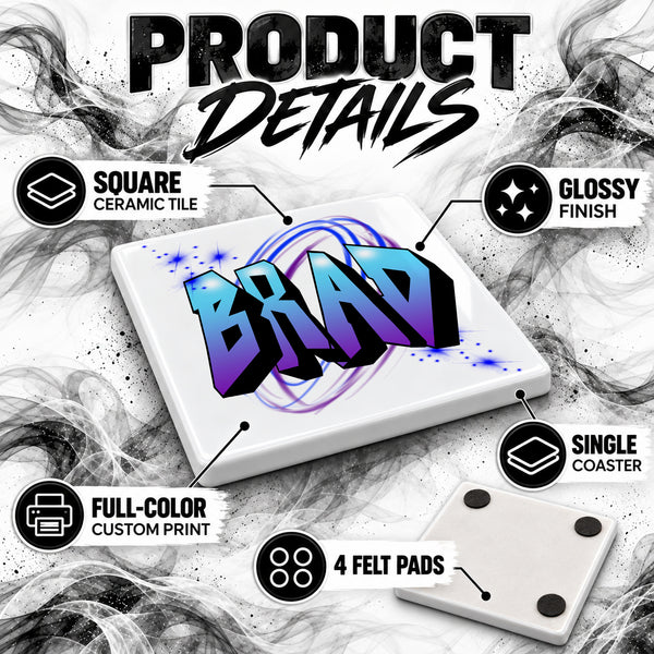A012 Graffiti Block Letter Name ceramic coaster by Mythic Airbrush, original Air-Volution design — product image 3