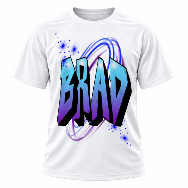 Personalized Graffiti Block Letter Name T-Shirt, front-view T-shirt mockup featuring custom Air-Volution artwork by Mythic Airbrush