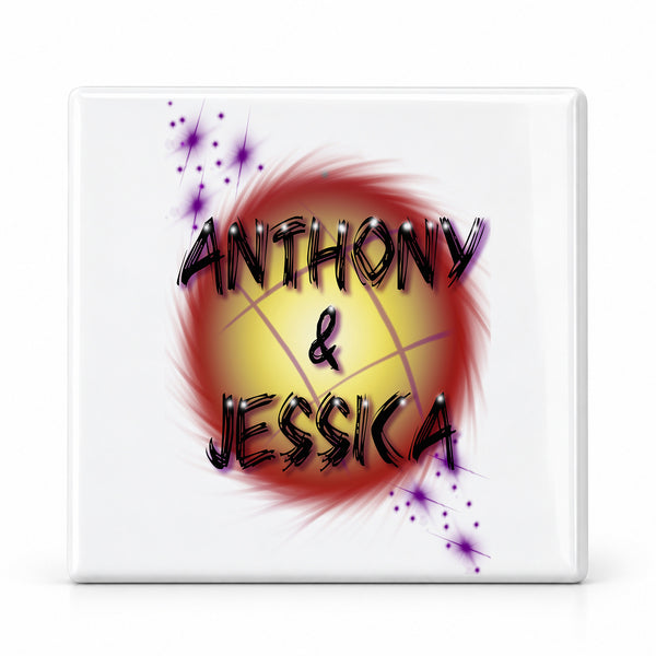 A013 Couple Names Sunset ceramic coaster by Mythic Airbrush, original Air-Volution design — main image