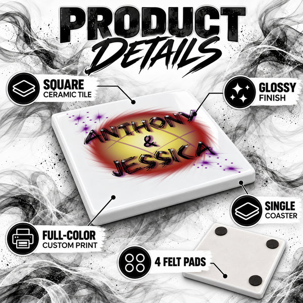 A013 Couple Names Sunset ceramic coaster by Mythic Airbrush, original Air-Volution design — product image 3